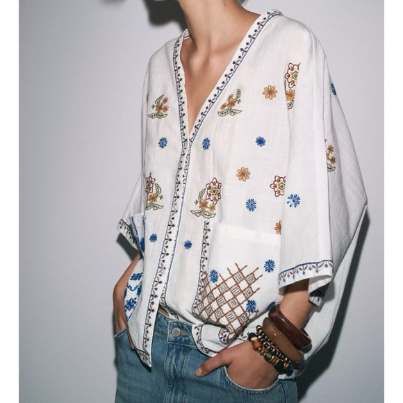 Zara Womens Floral Embroidered Kimono Top 2025 Boho Retro Collection - Picture 3 of 10
